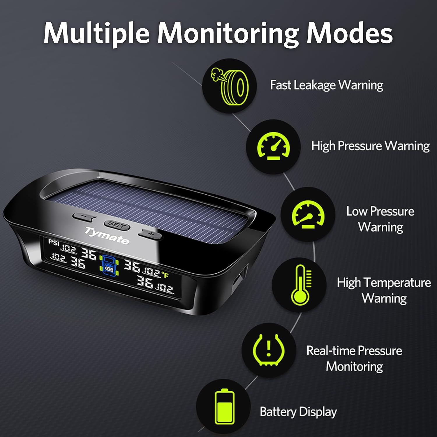 RV Tire Pressure Monitoring System with Solar Charge, 4 Sensors & 6 Alarm Modes, Color LCD Display