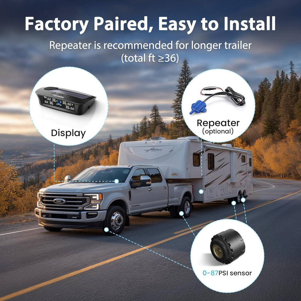 RV Tire Pressure Monitoring System with Solar Charge, 4 Sensors & 6 Alarm Modes, Color LCD Display