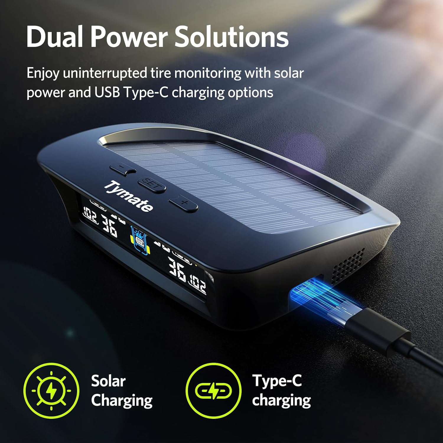 RV Tire Pressure Monitoring System with Solar Charge, 4 Sensors & 6 Alarm Modes, Color LCD Display
