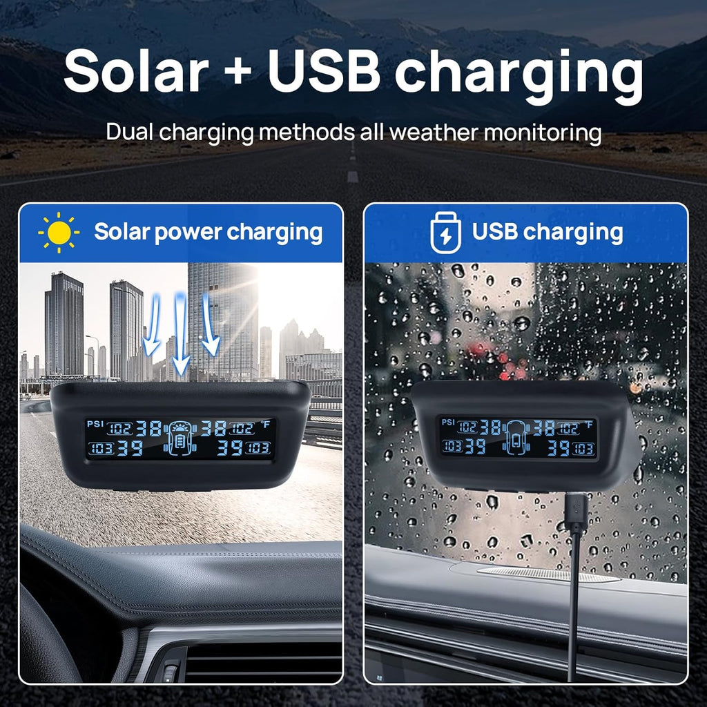 Solar-Powered RV/Trailer TPMS with Auto Calibration, 4 Sensors (0-87PSI)
