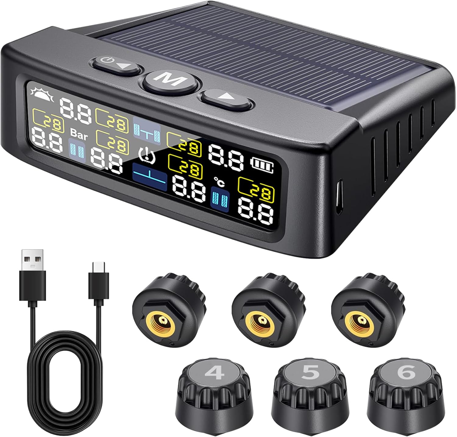 6-Sensor TPMS with Solar/USB Charging, Color LCD Display, 0-144PSI Range for RV/Trailer/Truck
