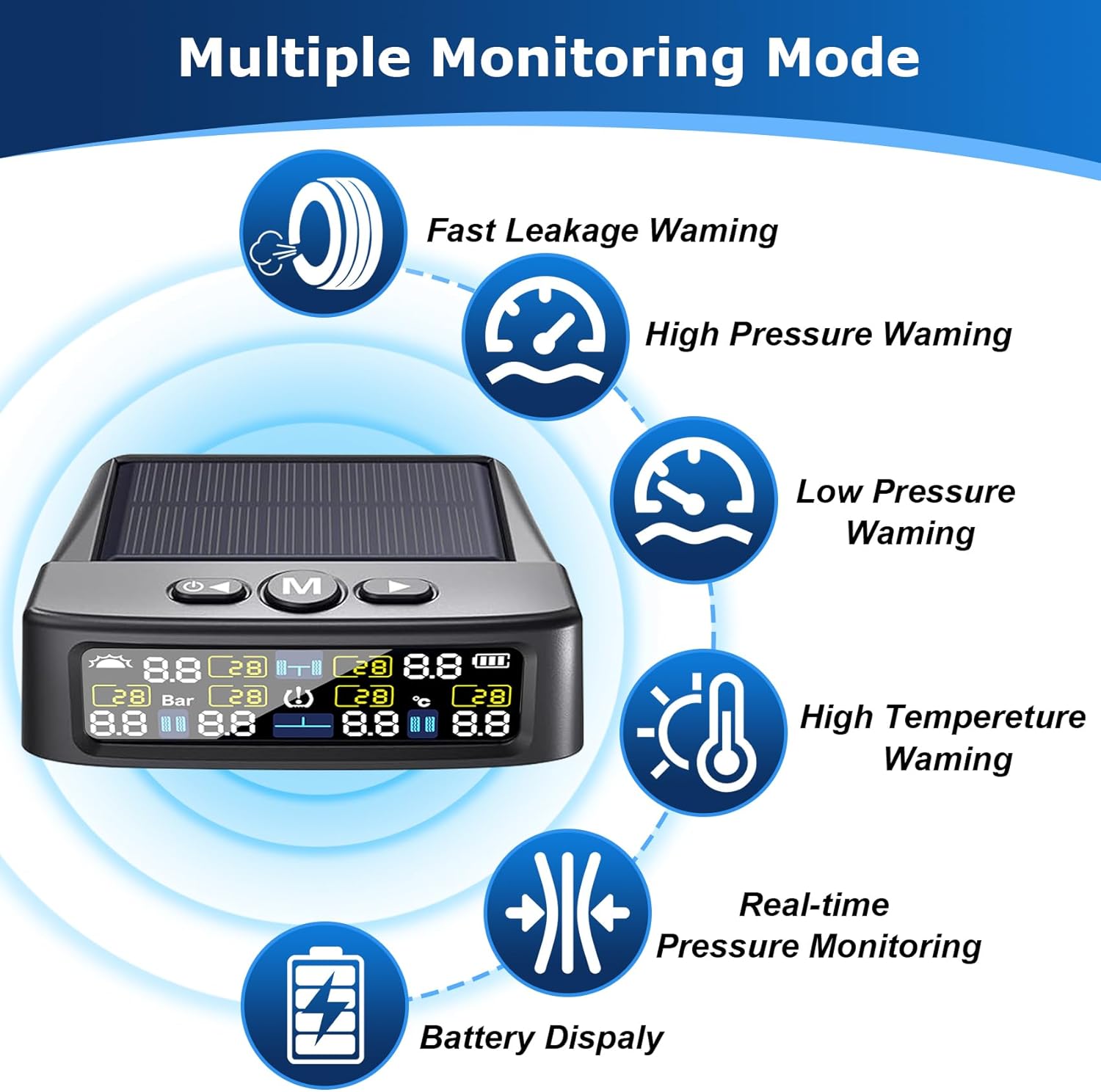 6-Sensor TPMS with Solar/USB Charging, Color LCD Display, 0-144PSI Range for RV/Trailer/Truck