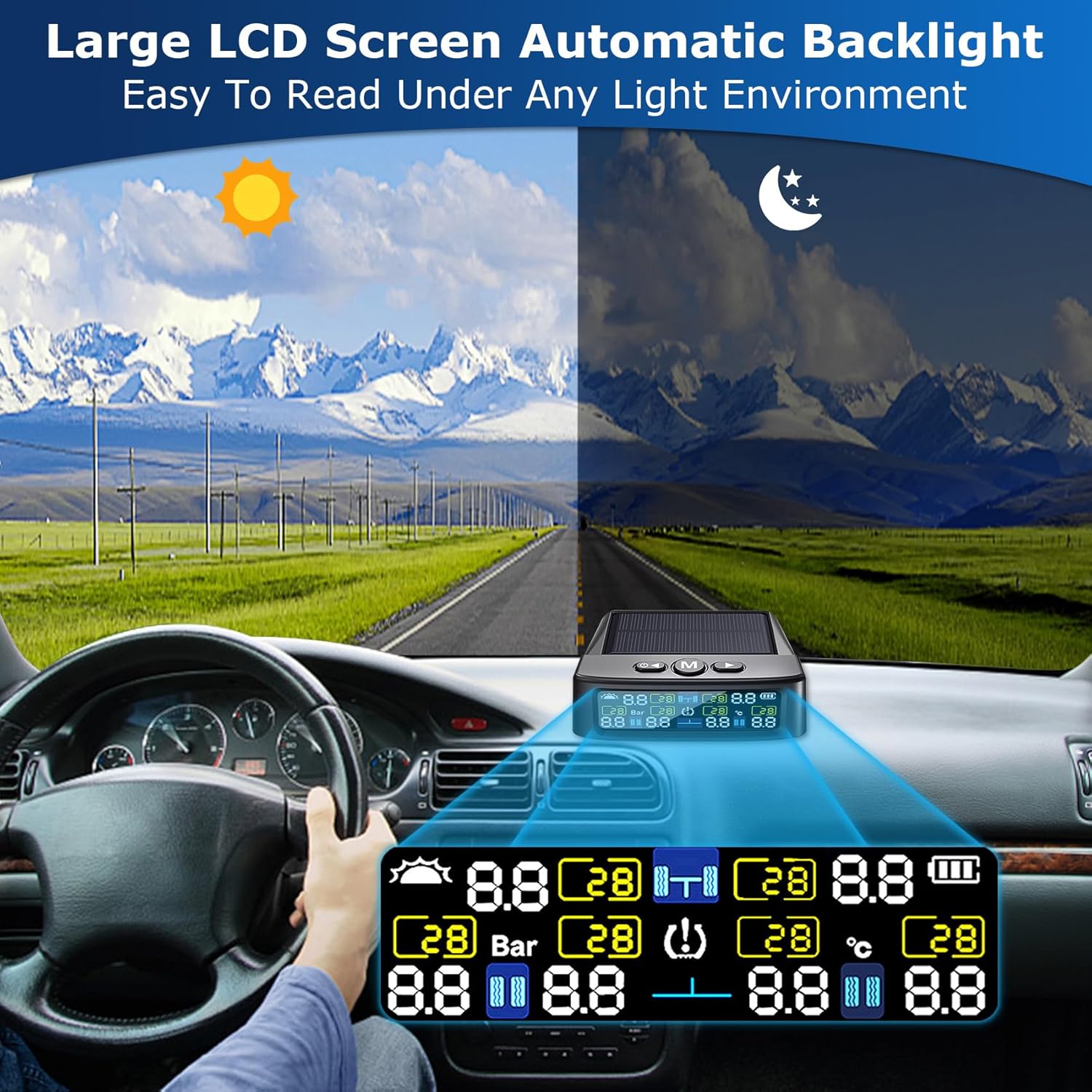 6-Sensor TPMS with Solar/USB Charging, Color LCD Display, 0-144PSI Range for RV/Trailer/Truck