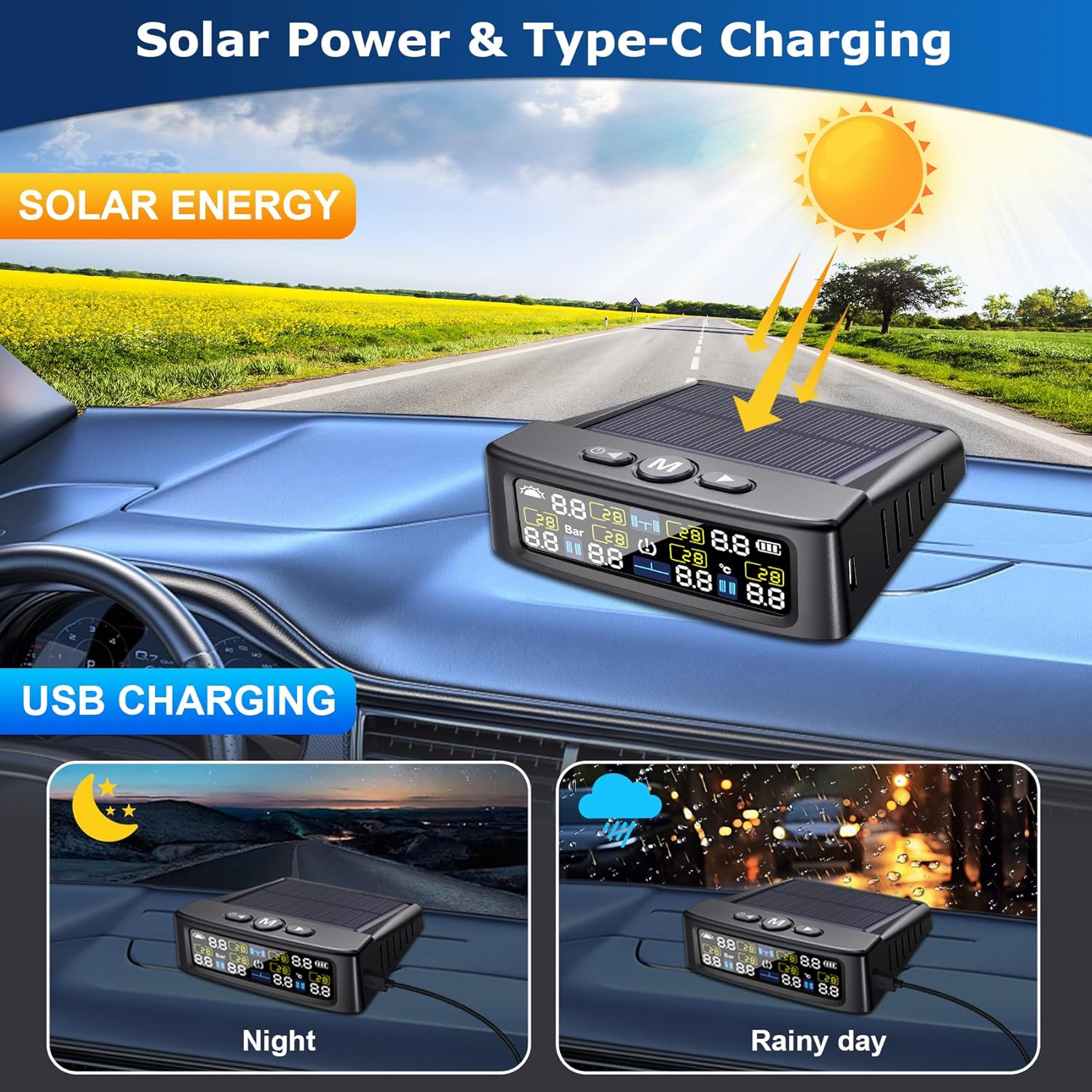 6-Sensor TPMS with Solar/USB Charging, Color LCD Display, 0-144PSI Range for RV/Trailer/Truck