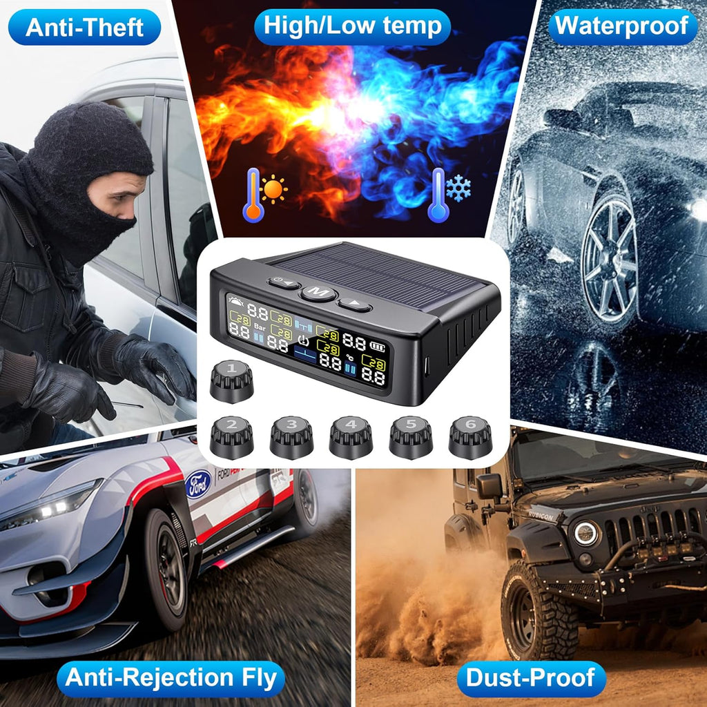 6-Sensor TPMS with Solar/USB Charging, Color LCD Display, 0-144PSI Range for RV/Trailer/Truck