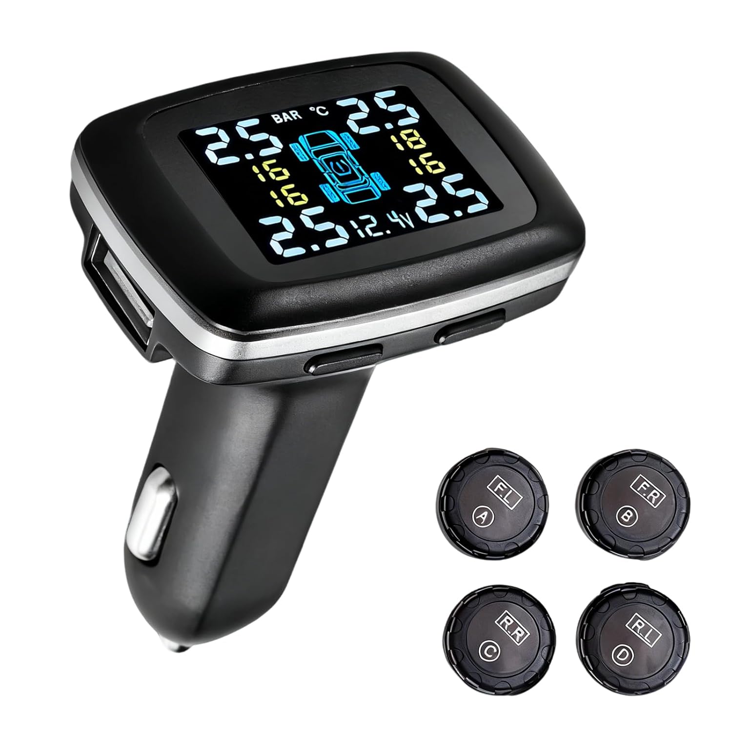 Wireless TPMS with 4 External Sensors, Color LCD Display & Multi-Alarm Protection (0-87 PSI)
