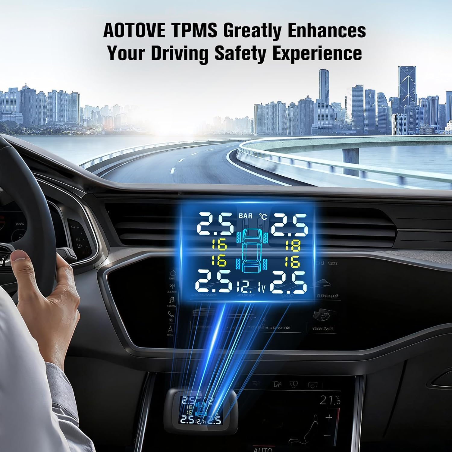 Wireless TPMS with 4 External Sensors, Color LCD Display & Multi-Alarm Protection (0-87 PSI)
