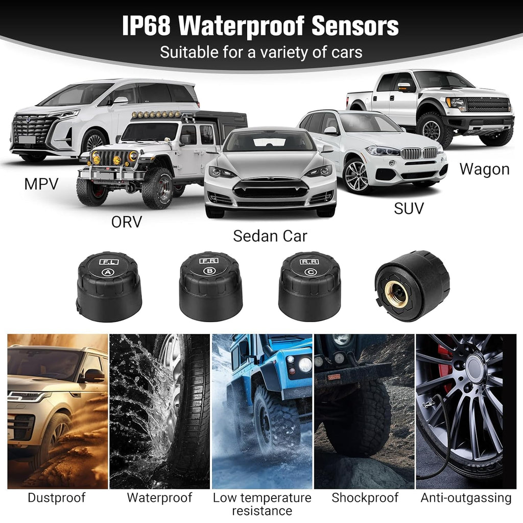 Wireless TPMS with 4 External Sensors, Color LCD Display & Multi-Alarm Protection (0-87 PSI)
