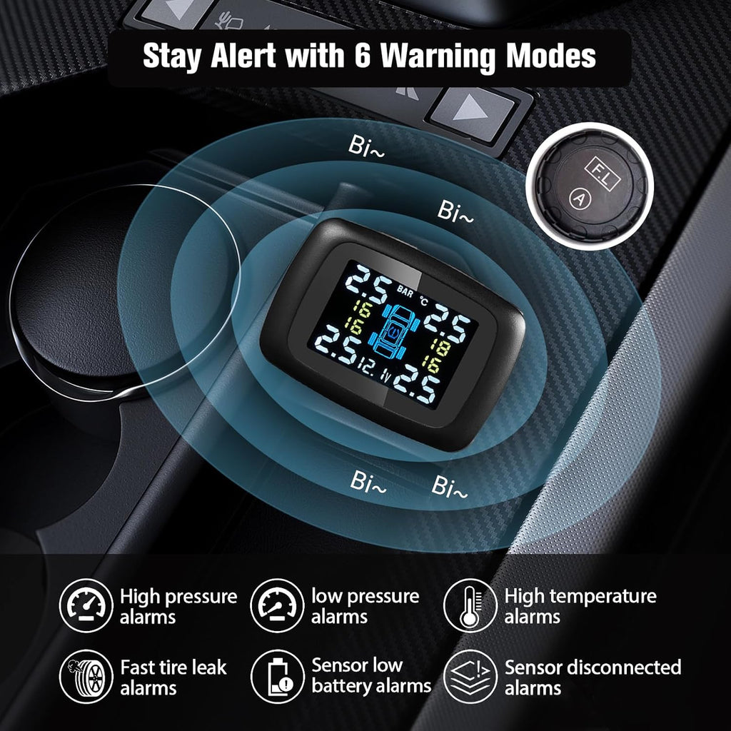 Wireless TPMS with 4 External Sensors, Color LCD Display & Multi-Alarm Protection (0-87 PSI)