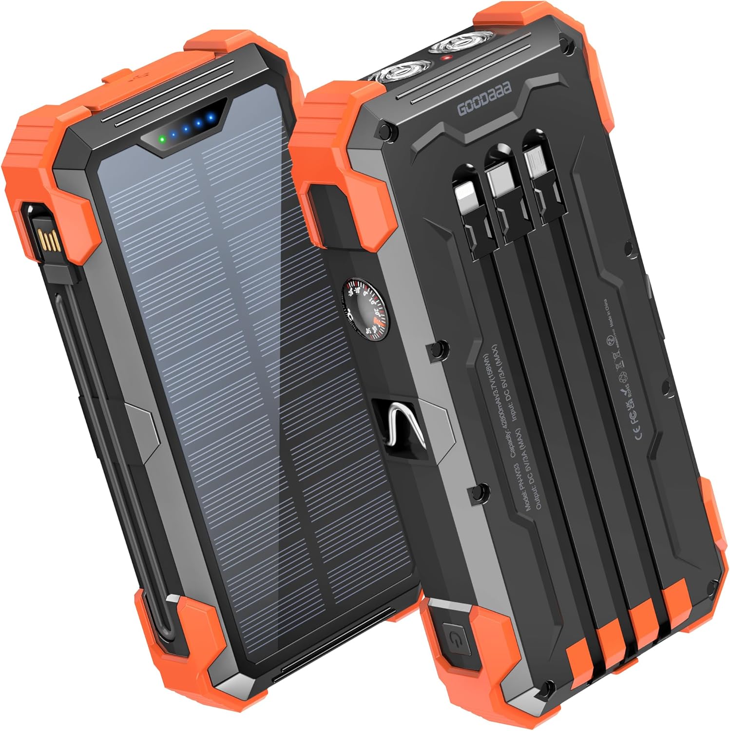 42800mAh Solar Power Bank with Built-in Cables, Thermometer & Flashlights