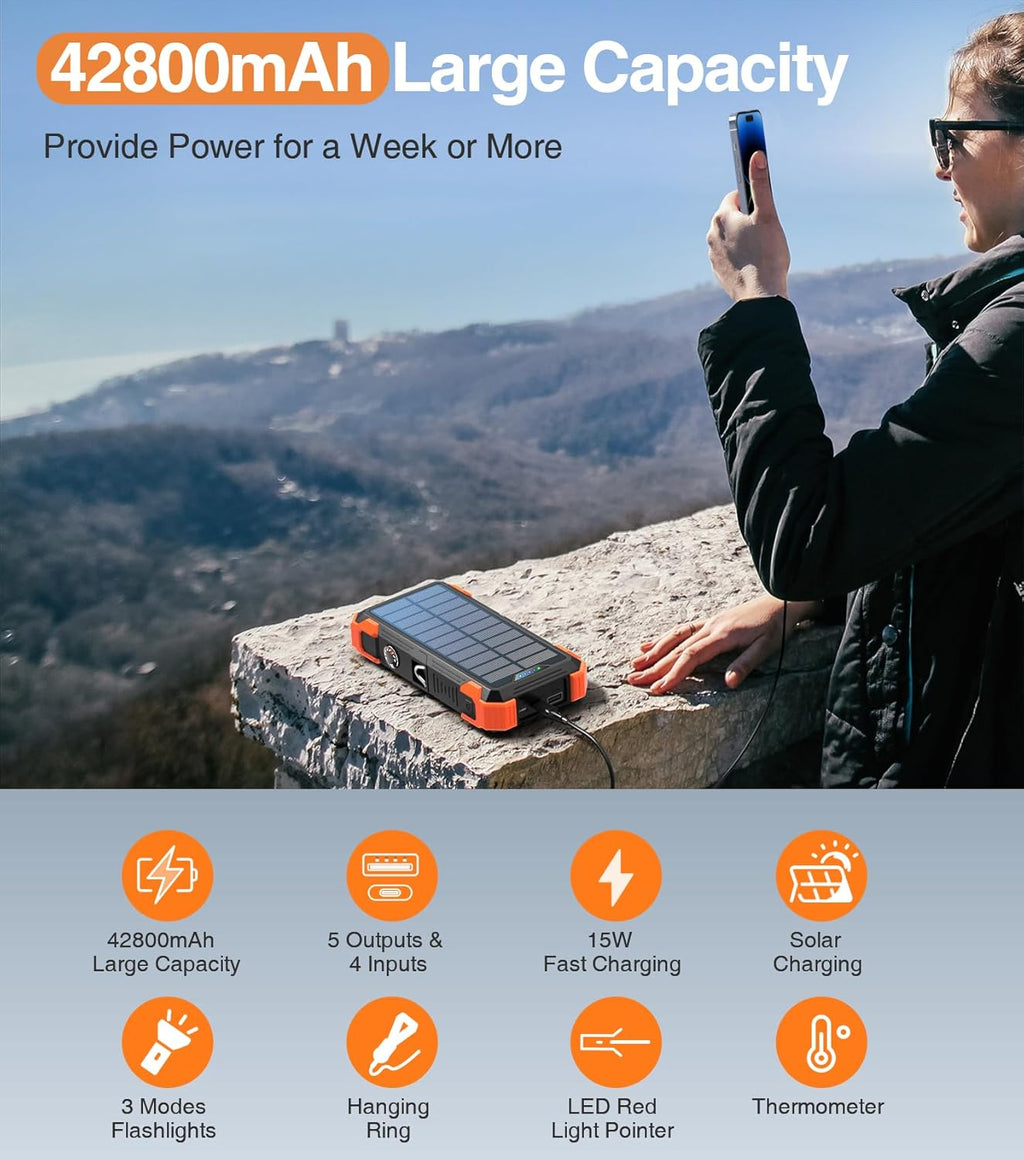 42800mAh Solar Power Bank with Built-in Cables, Thermometer & Flashlights
