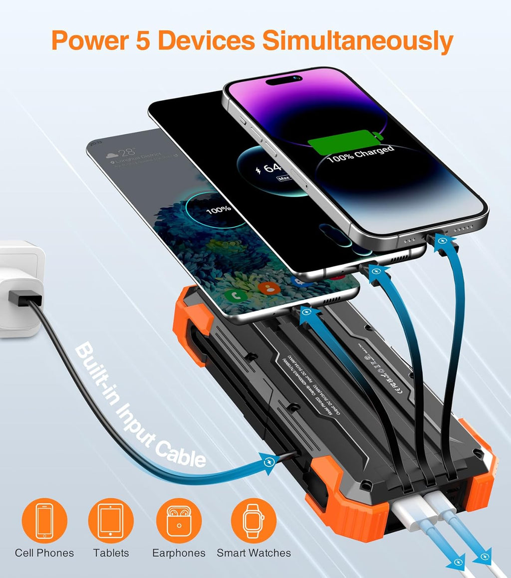 42800mAh Solar Power Bank with Built-in Cables, Thermometer & Flashlights