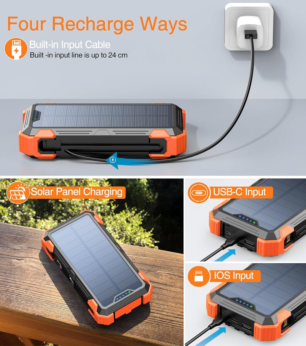 42800mAh Solar Power Bank with Built-in Cables, Thermometer & Flashlights