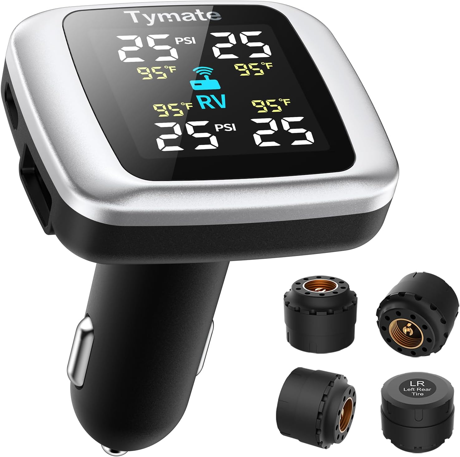 Wireless TPMS with 4 External Sensors, Color Display & 6 Alarm Modes for RV SUV Truck (0-87 PSI)