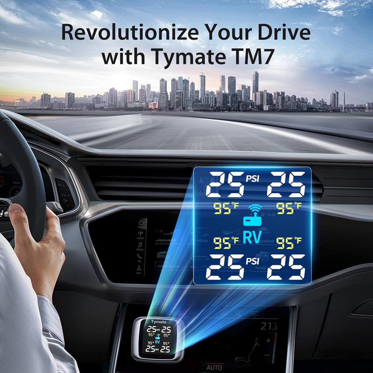 Wireless TPMS with 4 External Sensors, Color Display & 6 Alarm Modes for RV SUV Truck (0-87 PSI)