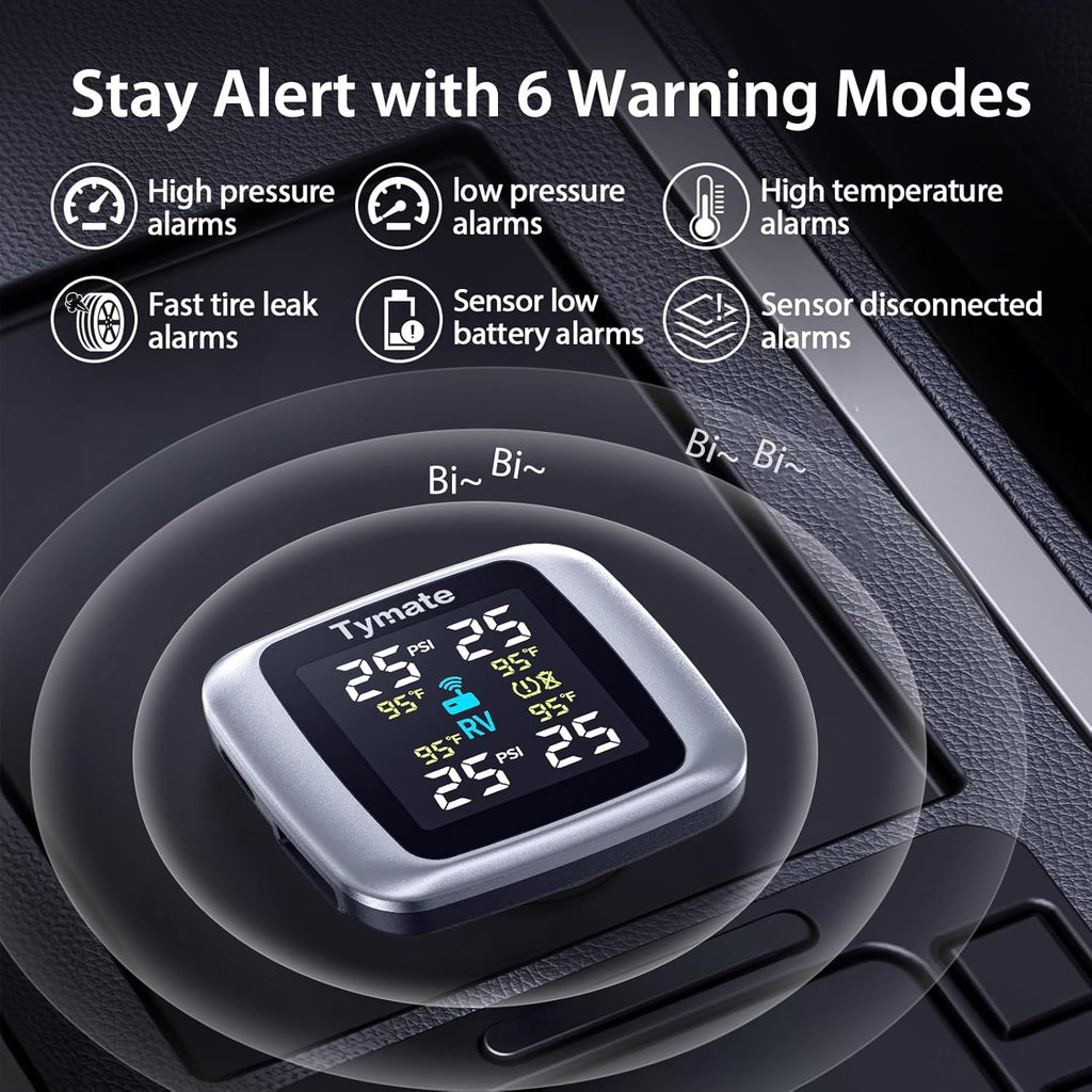 Wireless TPMS with 4 External Sensors, Color Display & 6 Alarm Modes for RV SUV Truck (0-87 PSI)