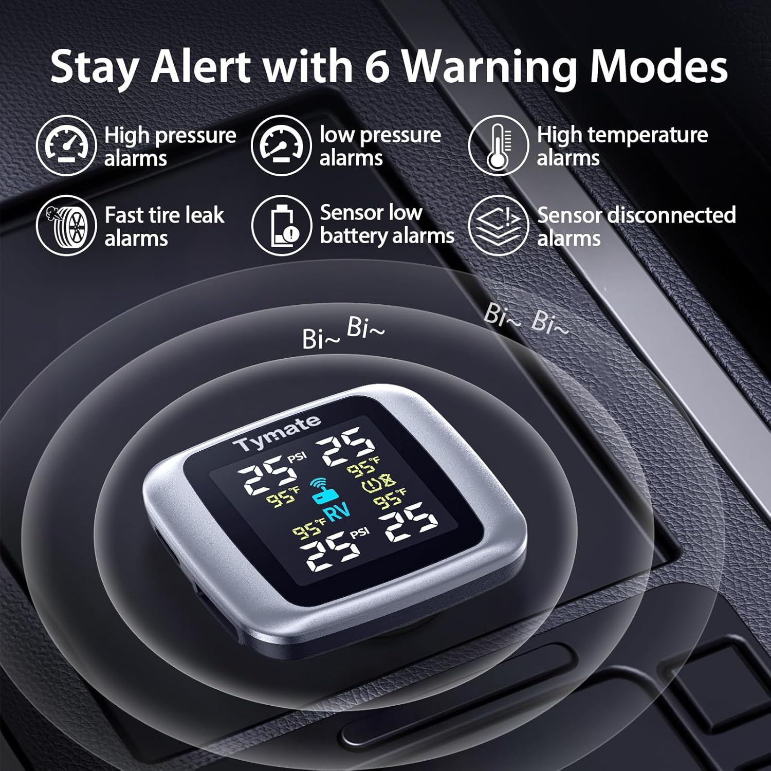 Wireless TPMS with 4 External Sensors, Color Display & 6 Alarm Modes for RV SUV Truck (0-87 PSI)