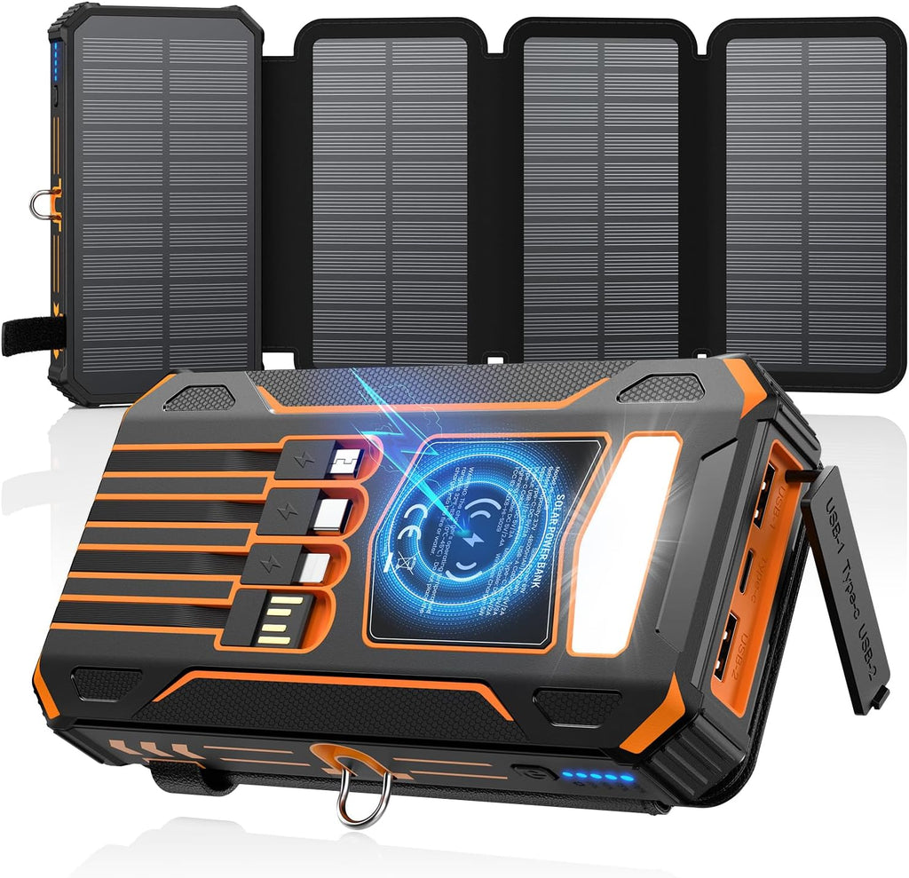 48000mAh Solar Power Bank with Wireless Charging, 4 Built-in Cables & Fast PD QC 3.0
