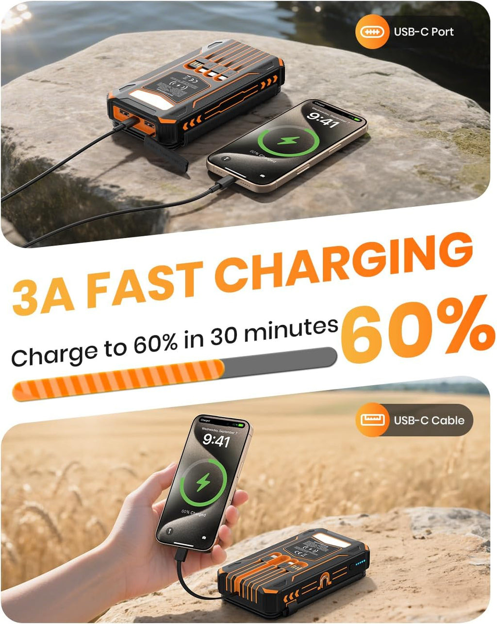 48000mAh Solar Power Bank with Wireless Charging, 4 Built-in Cables & Fast PD QC 3.0