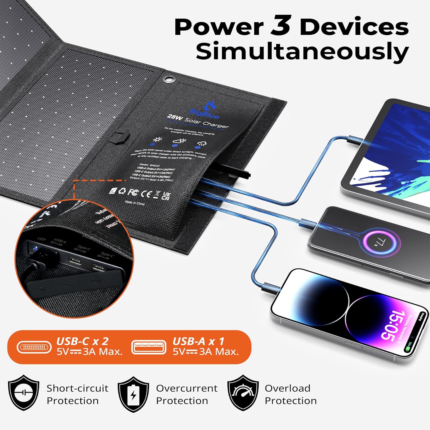 28W Solar Panel Charger with Triple USB Ports, Portable Solar Charger for Outdoor & Emergency Use