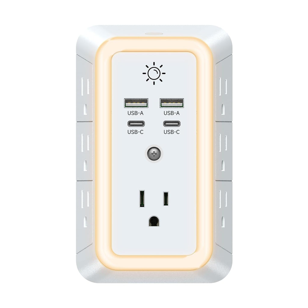 7-Outlet Wall Charger with 4 USB Ports (2 USB-C), Surge Protector & Night Light