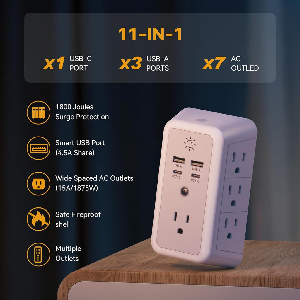 7-Outlet Wall Charger with 4 USB Ports (2 USB-C), Surge Protector & Night Light