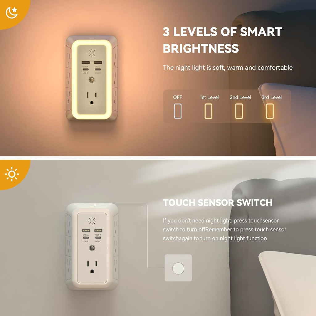 7-Outlet Wall Charger with 4 USB Ports (2 USB-C), Surge Protector & Night Light