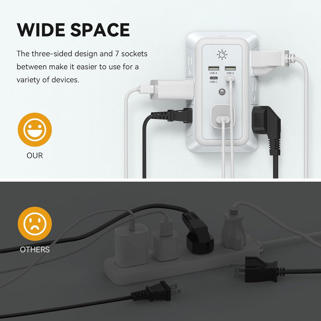 7-Outlet Wall Charger with 4 USB Ports (2 USB-C), Surge Protector & Night Light
