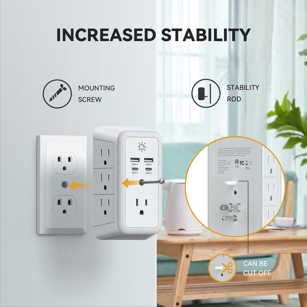 7-Outlet Wall Charger with 4 USB Ports (2 USB-C), Surge Protector & Night Light