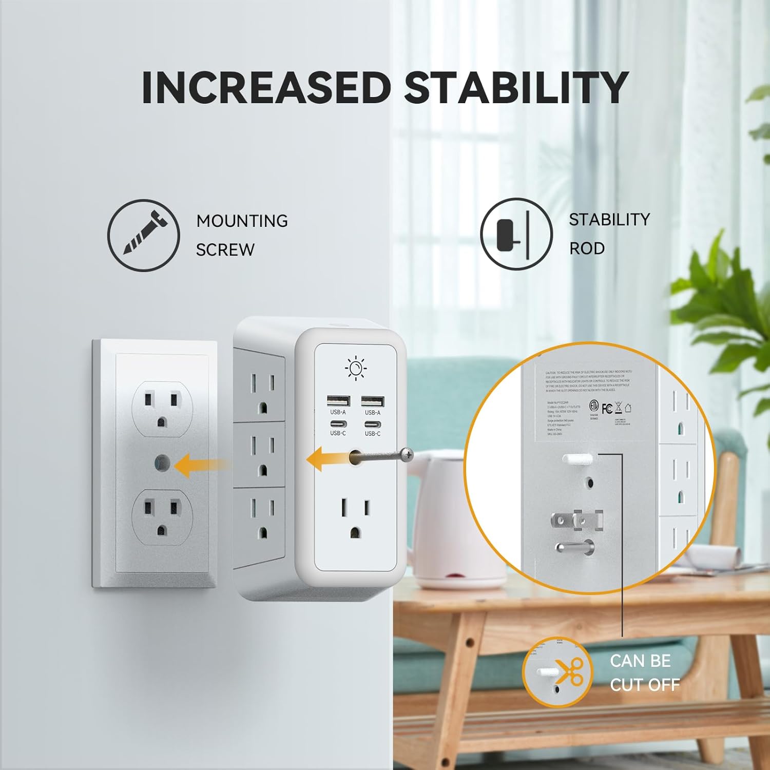 7-Outlet Wall Charger with 4 USB Ports (2 USB-C), Surge Protector & Night Light