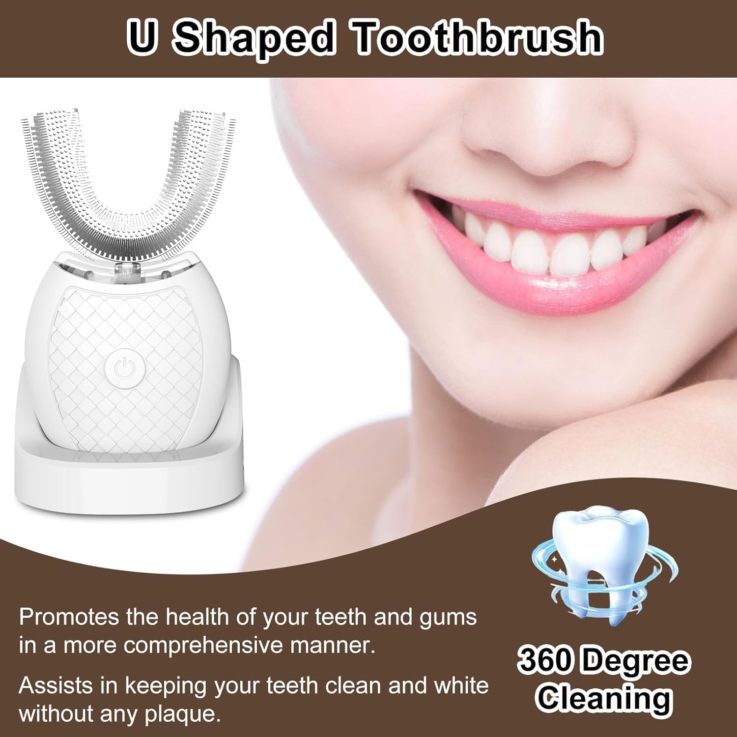 U-Shaped Electric Toothbrush for Adults with 360° Cleaning, 3 Modes & Wireless Charging