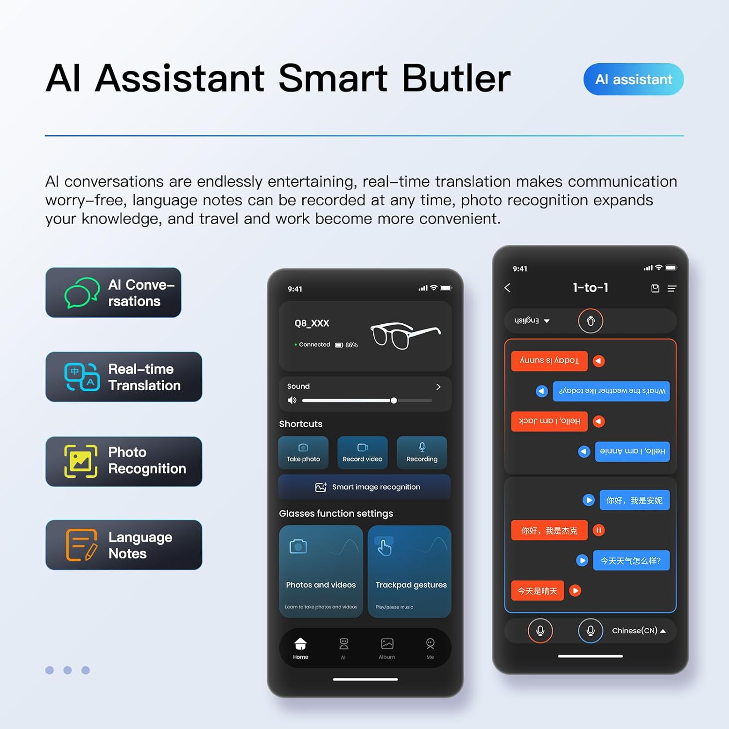 AI Smart Glasses with 8MP Camera, Real-Time Translation & Photochromic Lenses