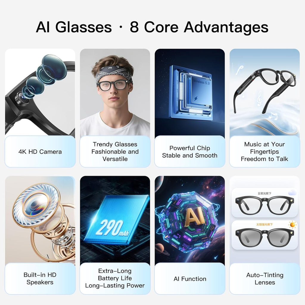AI Smart Glasses with 8MP Camera, Real-Time Translation & Photochromic Lenses