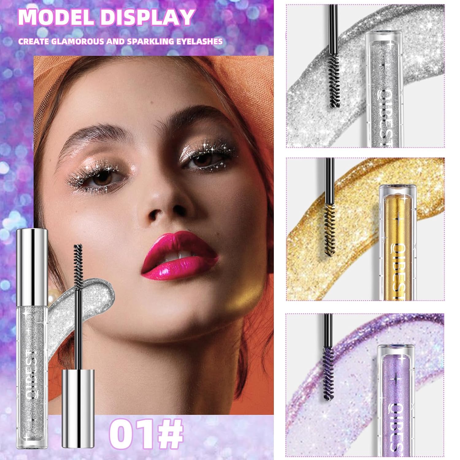 Glitter Mascara Set, Waterproof Shimmering Colorful Mascara for Long Lasting Lengthening Volumizing Lashes