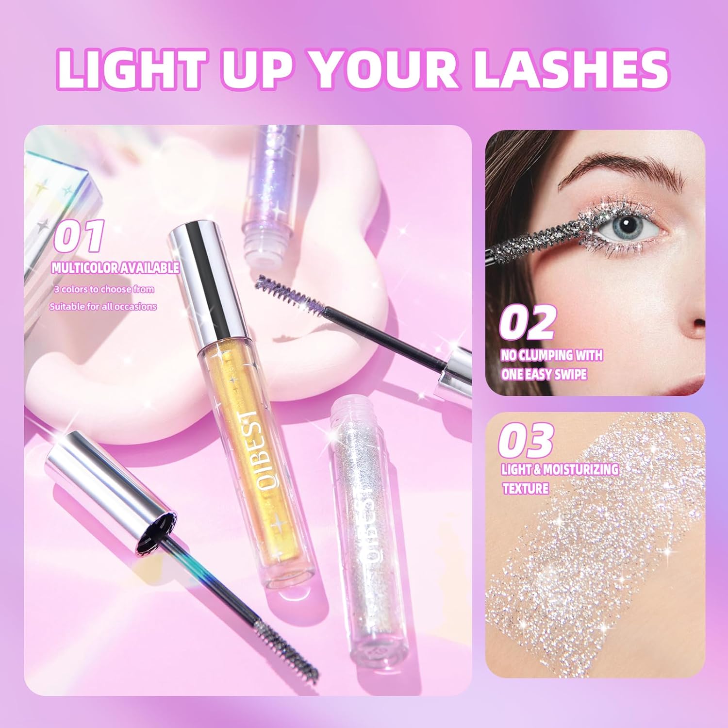 Glitter Mascara Set, Waterproof Shimmering Colorful Mascara for Long Lasting Lengthening Volumizing Lashes