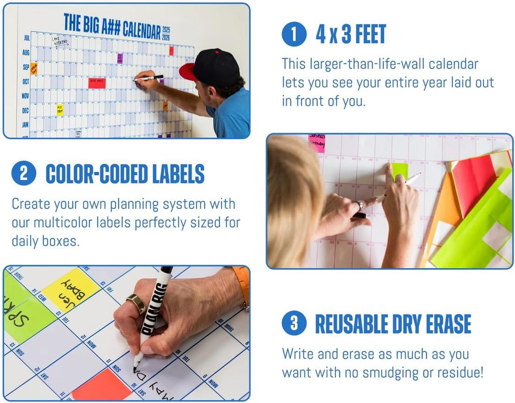 2026 Full-Year Wall Calendar - 4'x3' Dry-Erase with Marker & 100 Color Labels - Year at a Glance
