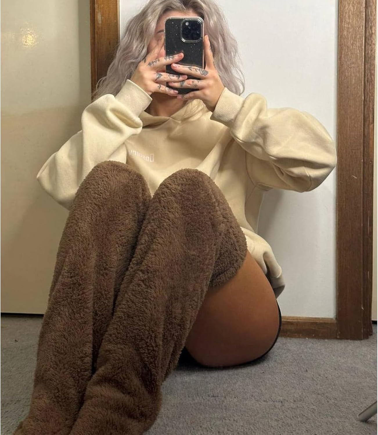 Thigh High Fuzzy Socks - Plush Teddy Bear Non-Slip Warm Sleeping Lounge Winter
