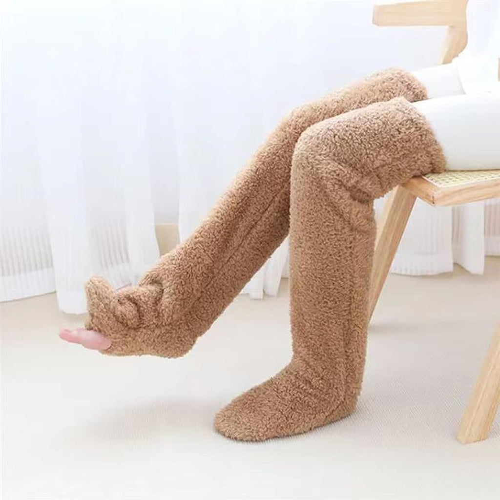 Thigh High Fuzzy Socks - Plush Teddy Bear Non-Slip Warm Sleeping Lounge Winter
