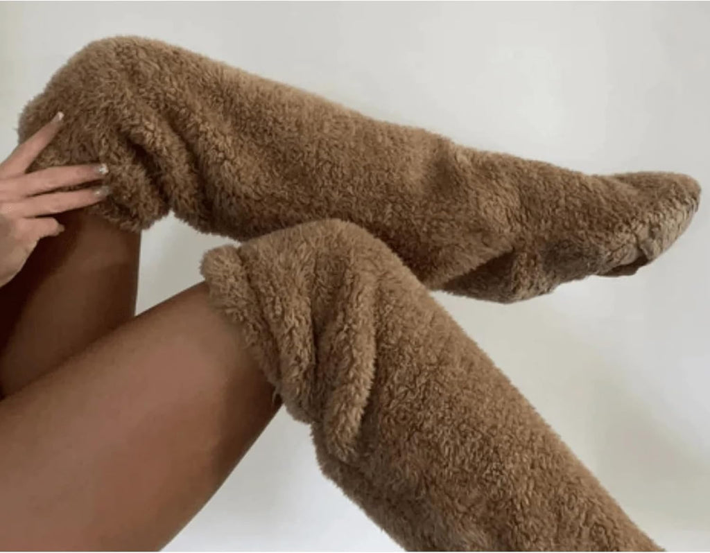 Thigh High Fuzzy Socks - Plush Teddy Bear Non-Slip Warm Sleeping Lounge Winter