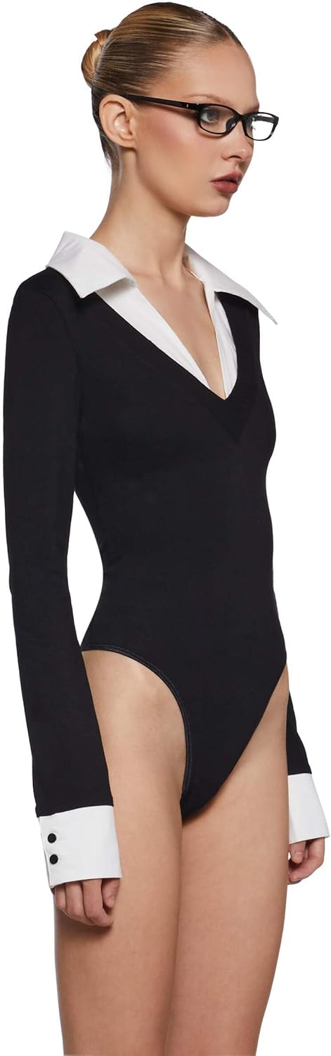 Eleanor Collared Bodysuit - V-Neck Knit Bodysuit with Twill Collar & Snap Closure