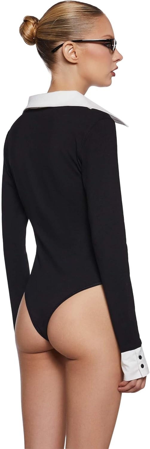 Eleanor Collared Bodysuit - V-Neck Knit Bodysuit with Twill Collar & Snap Closure
