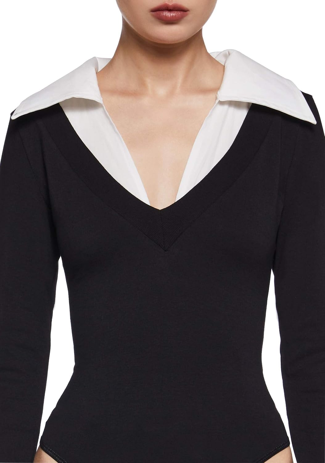 Eleanor Collared Bodysuit - V-Neck Knit Bodysuit with Twill Collar & Snap Closure
