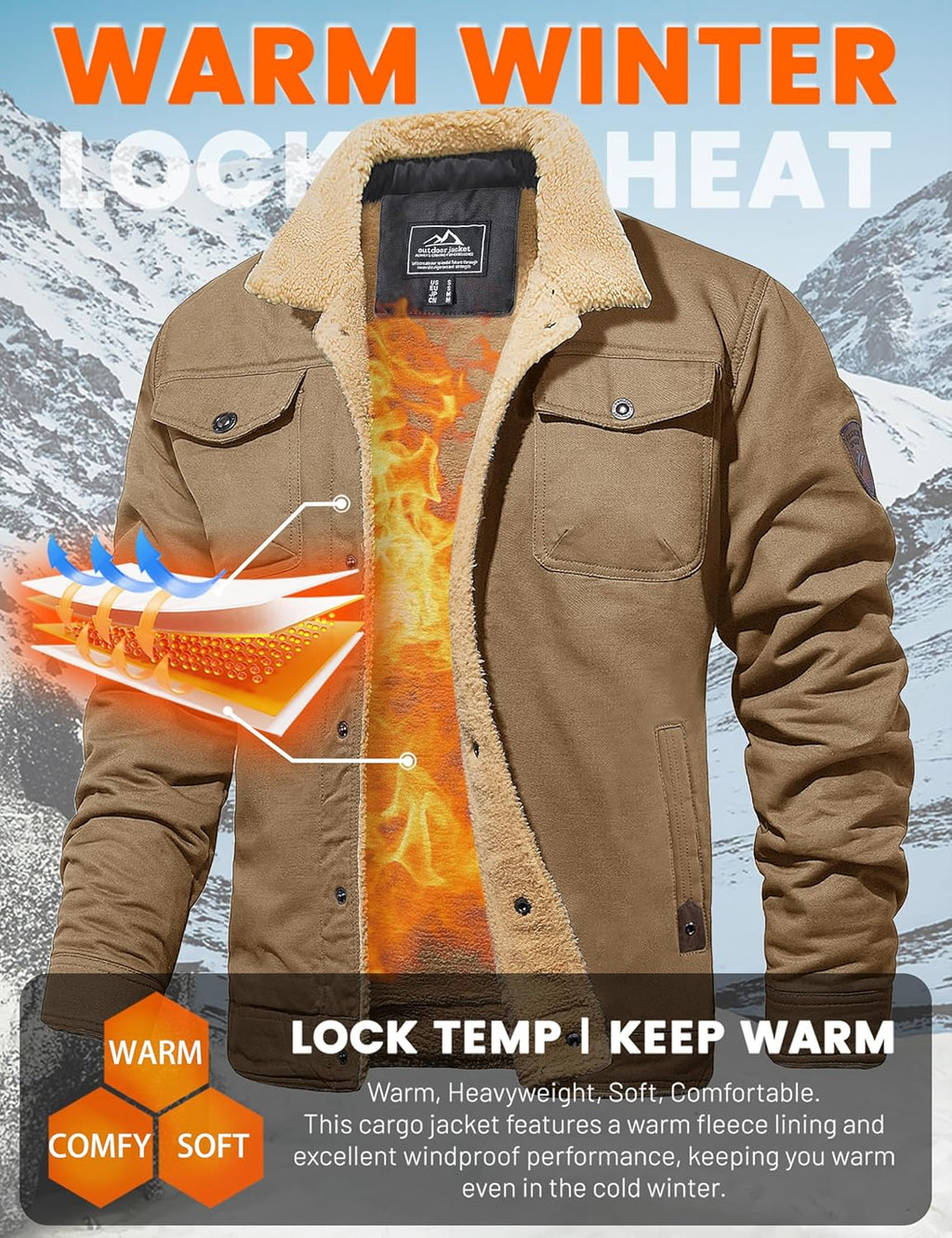 Men's Winter Jacket with Sherpa Lining, Heavyweight Trucker Coat with Multi-Pockets