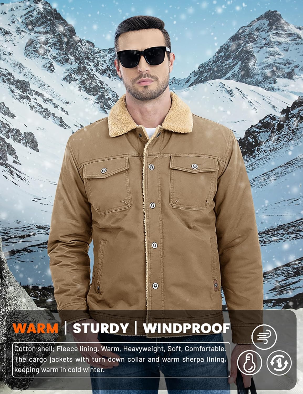 Men's Winter Jacket with Sherpa Lining, Heavyweight Trucker Coat with Multi-Pockets