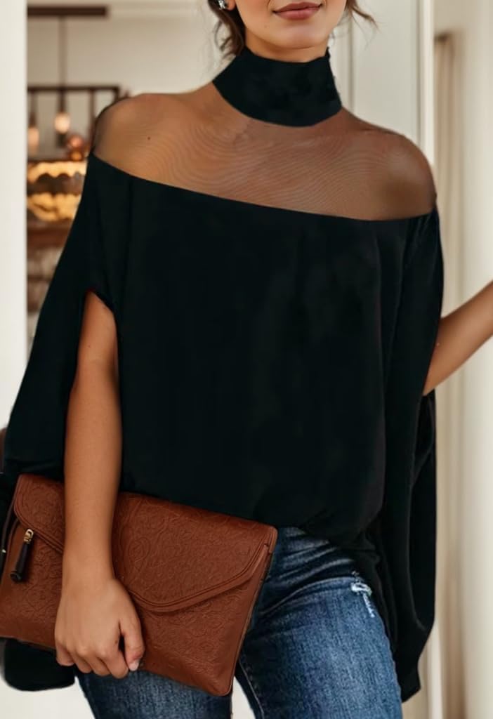 Women's Mesh Mock Neck Blouse with Batwing Sleeves - Elegant Loose Fit Top