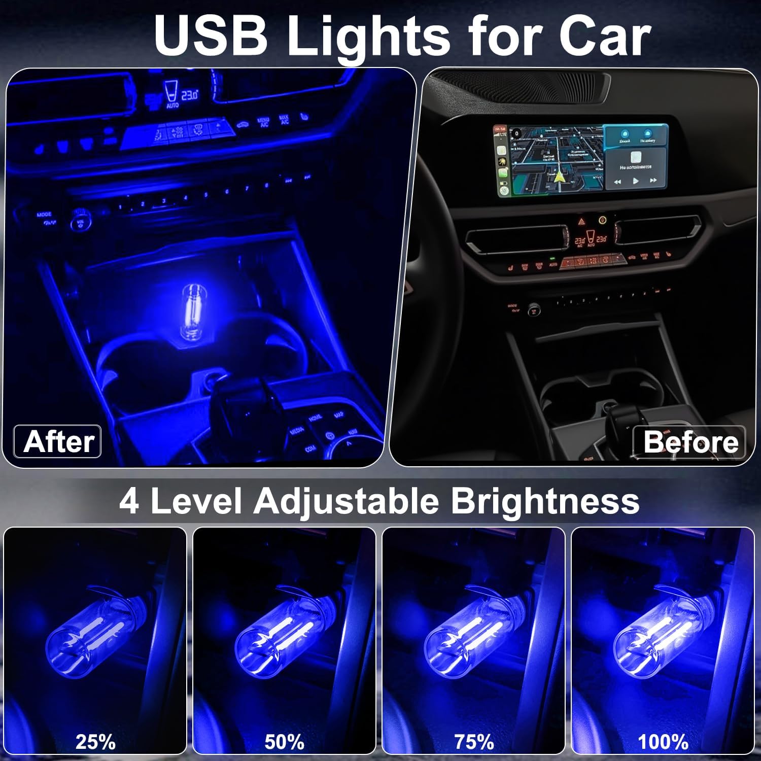 2-Pack Car USB Lights, Touch Dimmable Retro Atmosphere Lamp with Glass Bottle Design