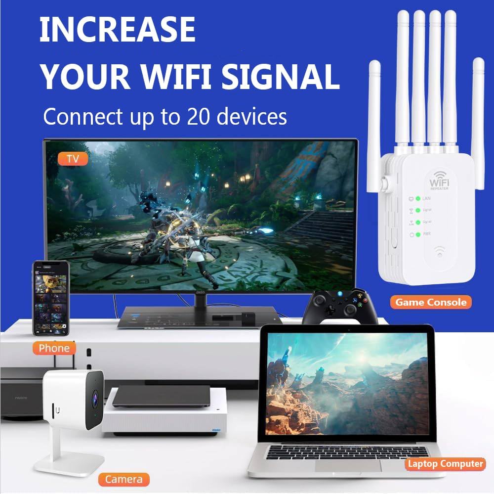 1200Mbps WiFi Extender with Ethernet Port, Dual Band 5GHz/2.4GHz, Covers 9800 Sq.ft for 60 Devices
