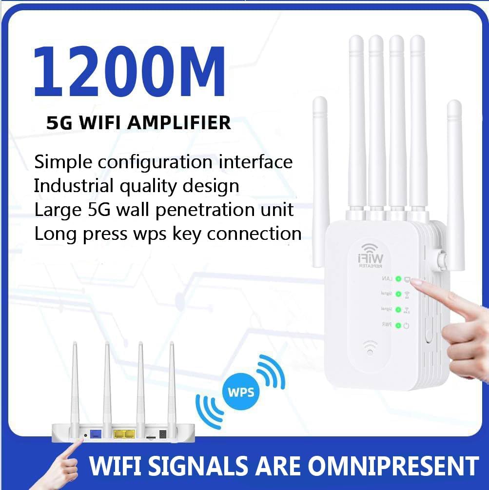 1200Mbps WiFi Extender with Ethernet Port, Dual Band 5GHz/2.4GHz, Covers 9800 Sq.ft for 60 Devices