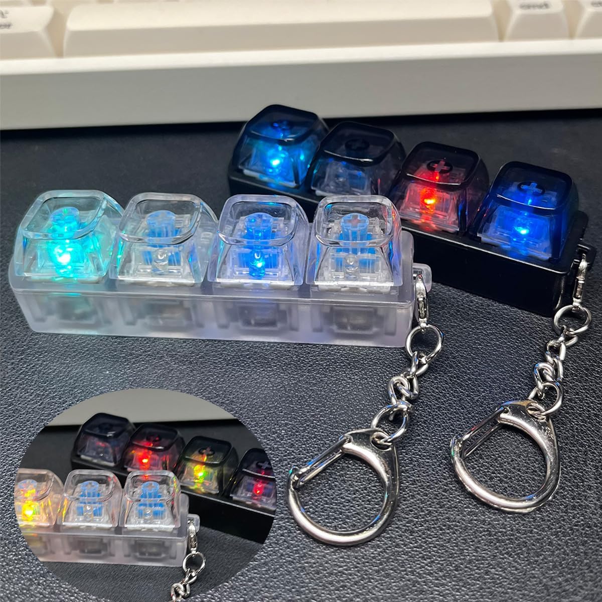 2PCS Keyboard Fidget Keychain with LED Light, 4-in-1 Mechanical Clicker for Stress Relief