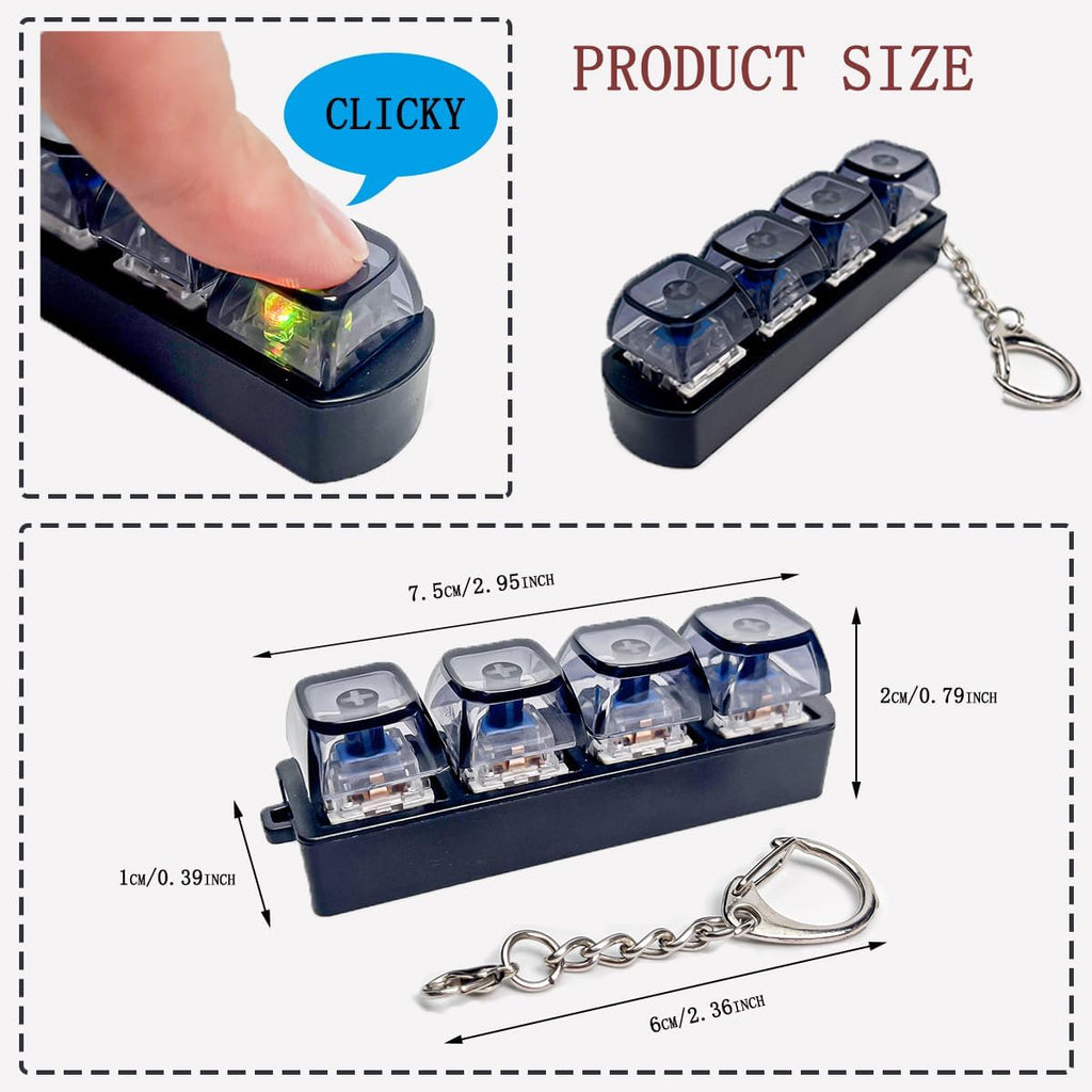 2PCS Keyboard Fidget Keychain with LED Light, 4-in-1 Mechanical Clicker for Stress Relief